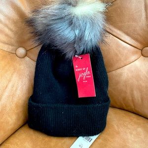 Anthropologie Pick-A-Pom Black Beanie & Grey Topper - NWT